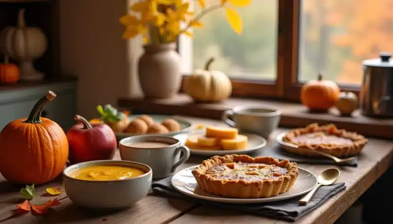 Autumn table with pumpkin pies and soup
