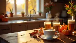 Pumpkin spice lattes on a wooden kitchen table.