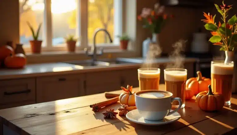 Pumpkin spice lattes on a wooden kitchen table.
