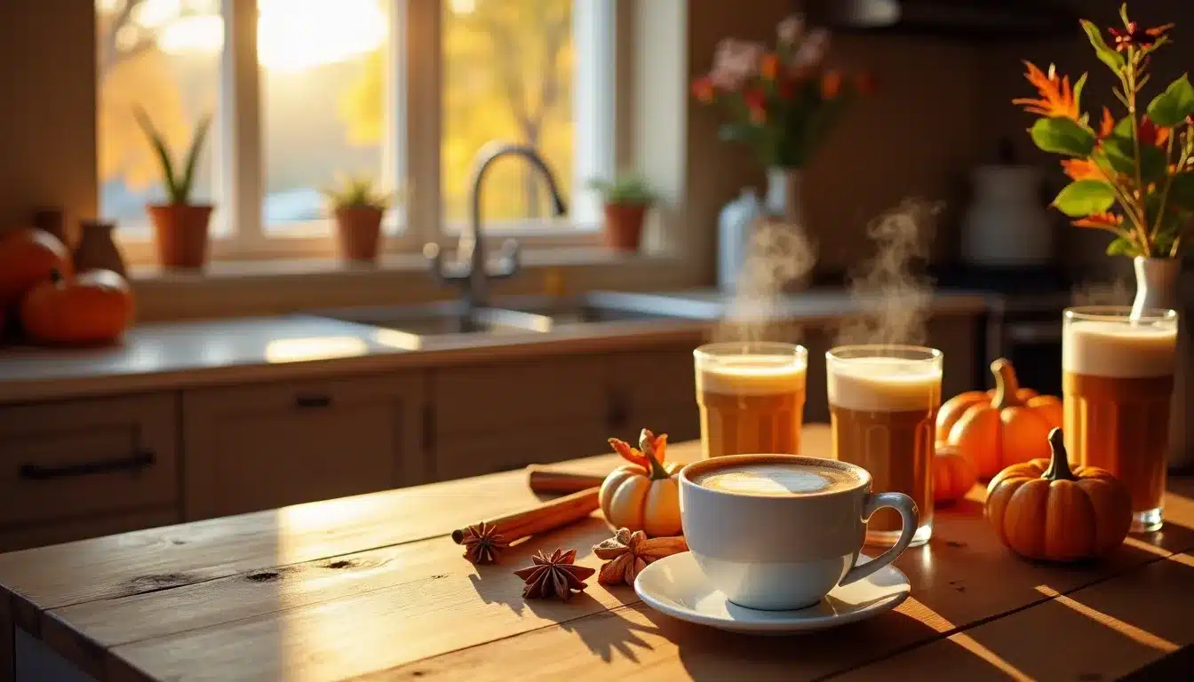 Pumpkin spice lattes on a wooden kitchen table.