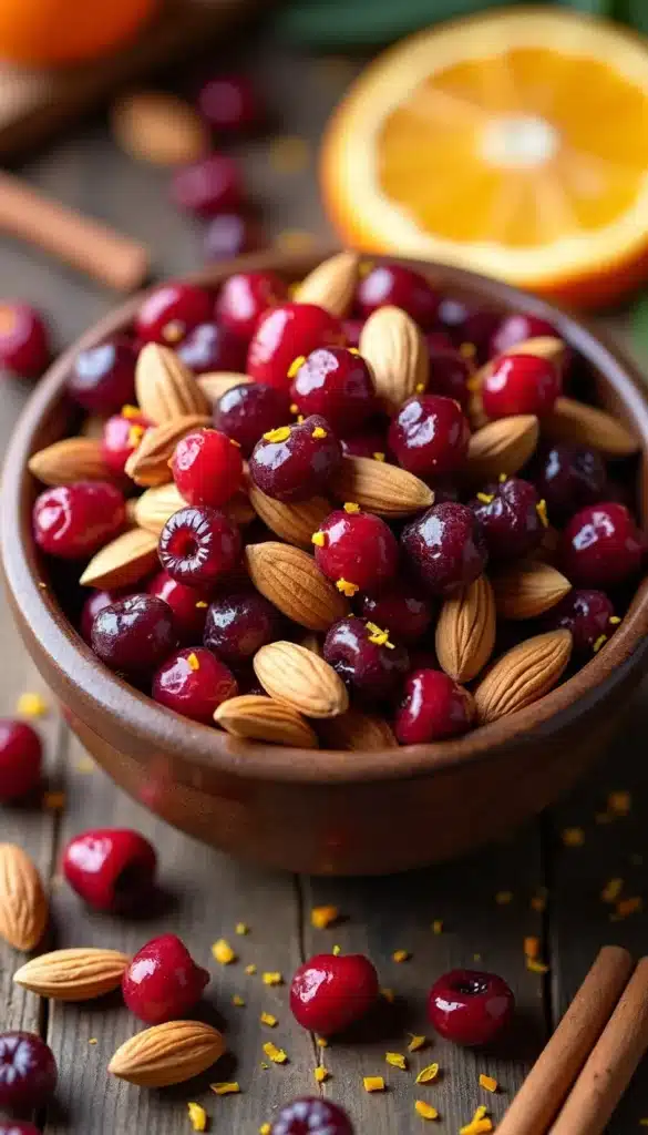 Bowl of cranberries and almonds near orange slices.