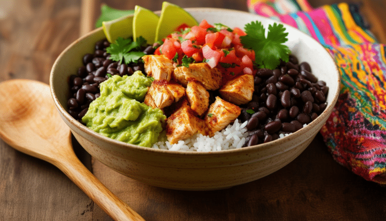 discover a simple and delicious burrito bowl recipe featuring fluffy rice, savory black beans, tender chicken, zesty salsa, and creamy guacamole. perfect for a quick weeknight dinner or a satisfying meal prep option!