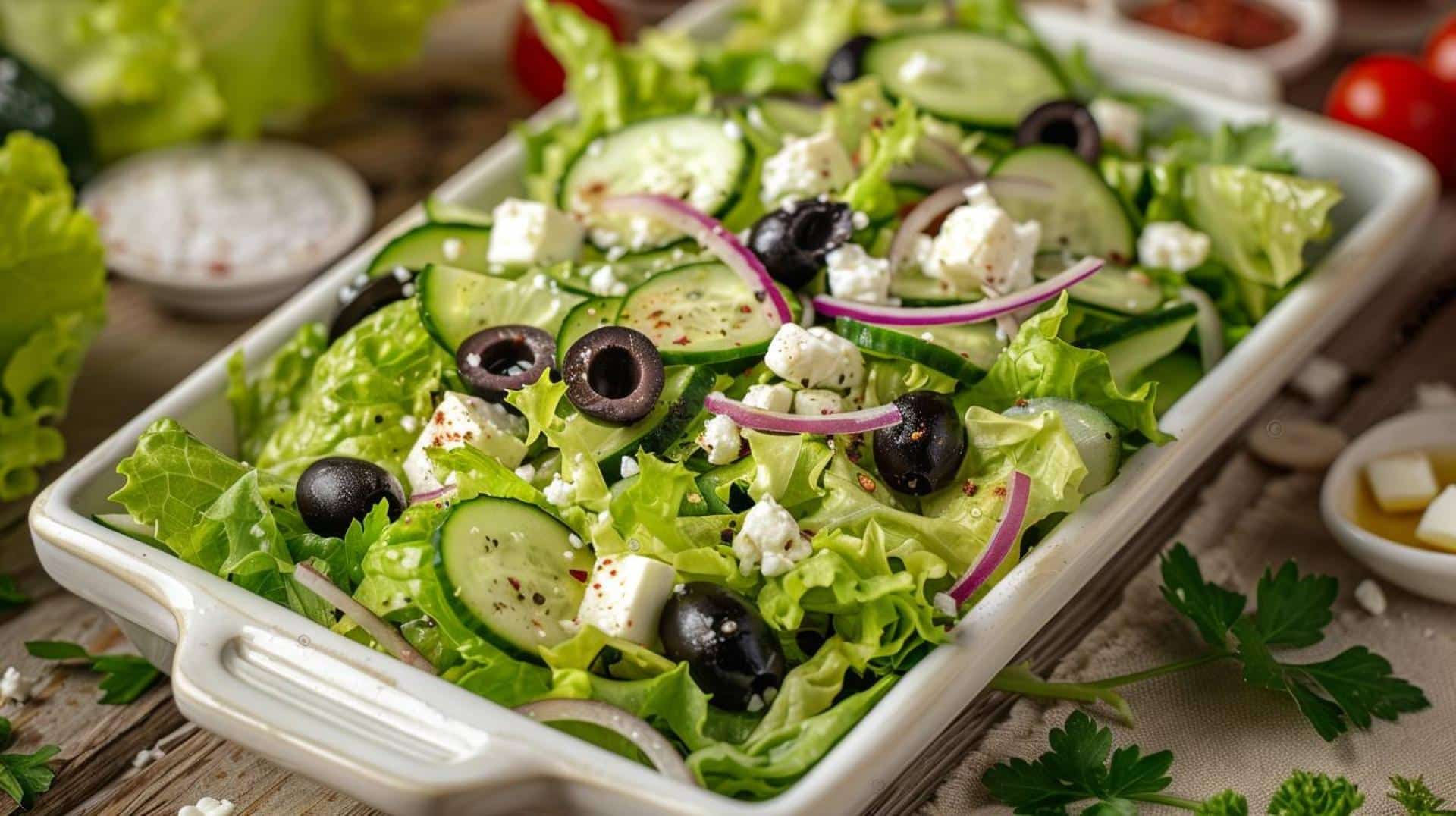 Easy recipe for a classic Greek salad with romaine, olives, feta, red onion, cucumber, and Greek dressing