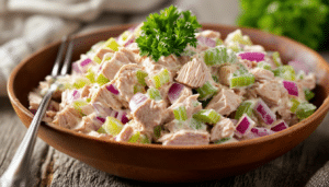 discover a simple and delicious recipe for classic tuna salad, featuring creamy mayo, crunchy celery, zesty onion, and tangy relish. perfect for a quick lunch or a light dinner, this easy dish combines fresh ingredients for a satisfying meal.