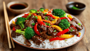discover this easy and delicious beef stir-fry recipe with tender broccoli and vibrant bell peppers served over fluffy rice. perfect for a quick weeknight dinner, this dish brings a burst of flavor and nutrition to your table in just 30 minutes.