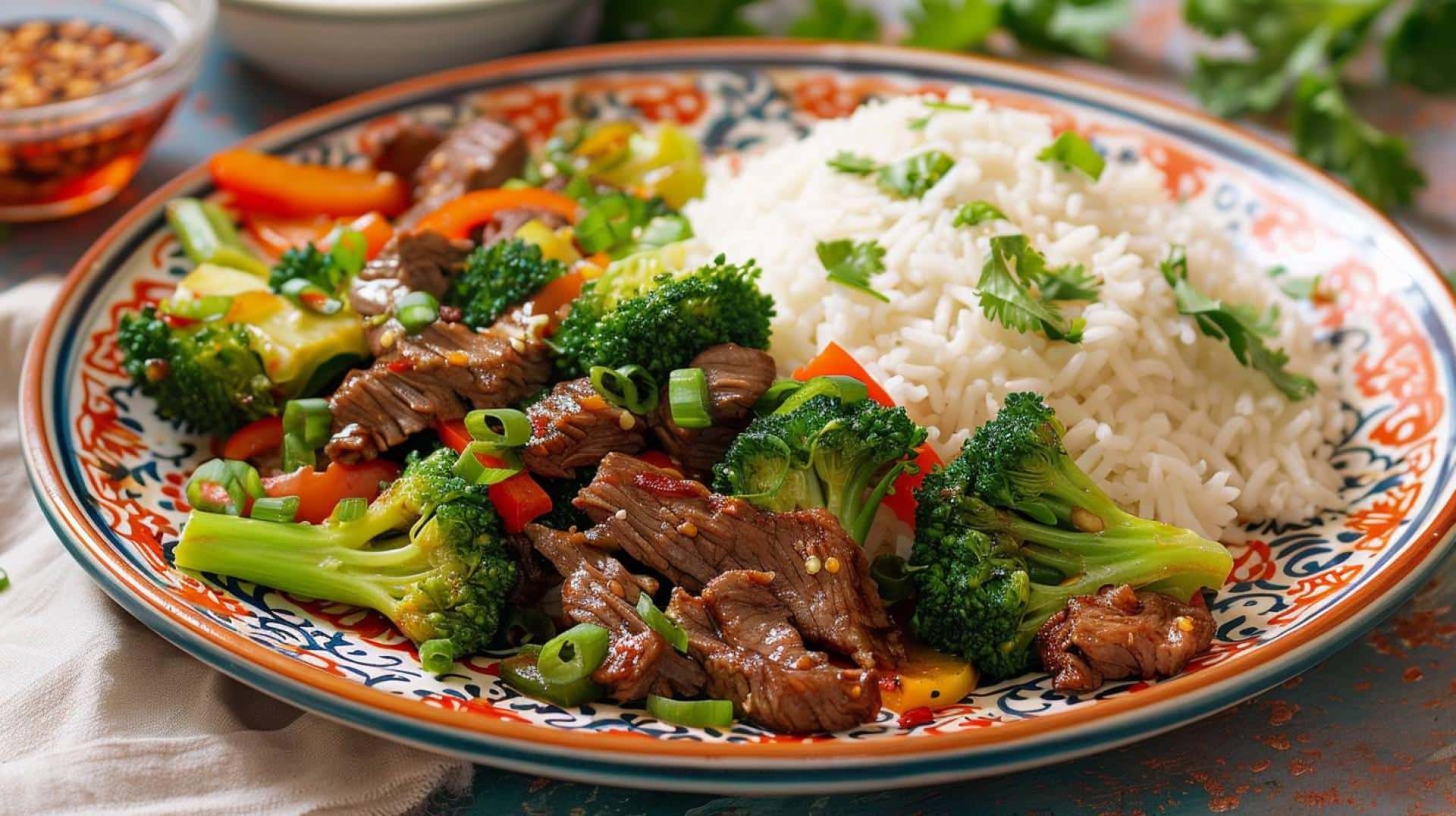 Easy recipe for beef stir-fry with broccoli and bell peppers over rice