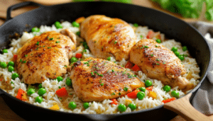 discover a simple and delicious one-pan chicken and rice skillet recipe, featuring savory garlic and rich broth. perfect for a weeknight dinner, this easy meal comes together in no time, ensuring a flavorful experience for the whole family.