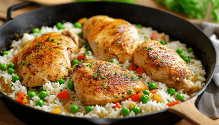 discover a simple and delicious one-pan chicken and rice skillet recipe, featuring savory garlic and rich broth. perfect for a weeknight dinner, this easy meal comes together in no time, ensuring a flavorful experience for the whole family.