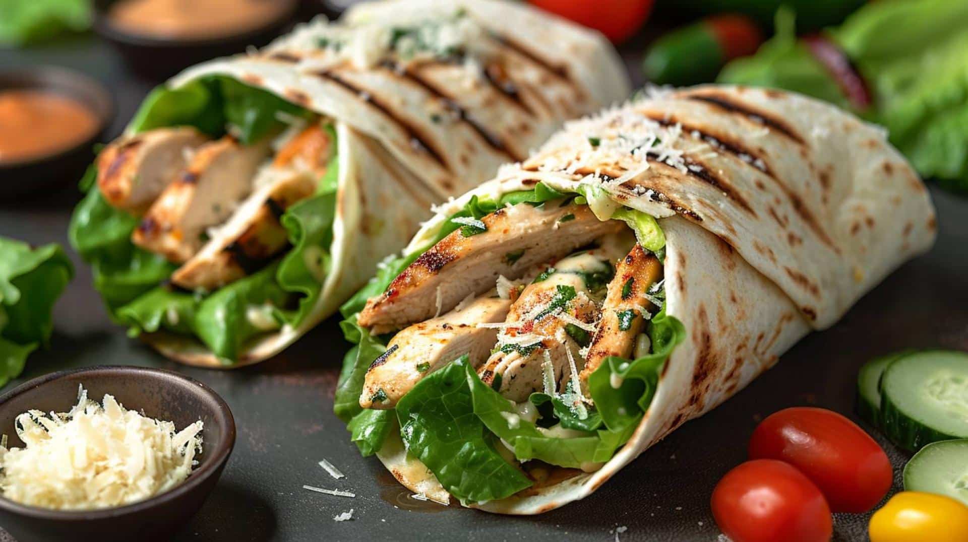 Easy recipe for chicken caesar wraps with grilled chicken and parmesan