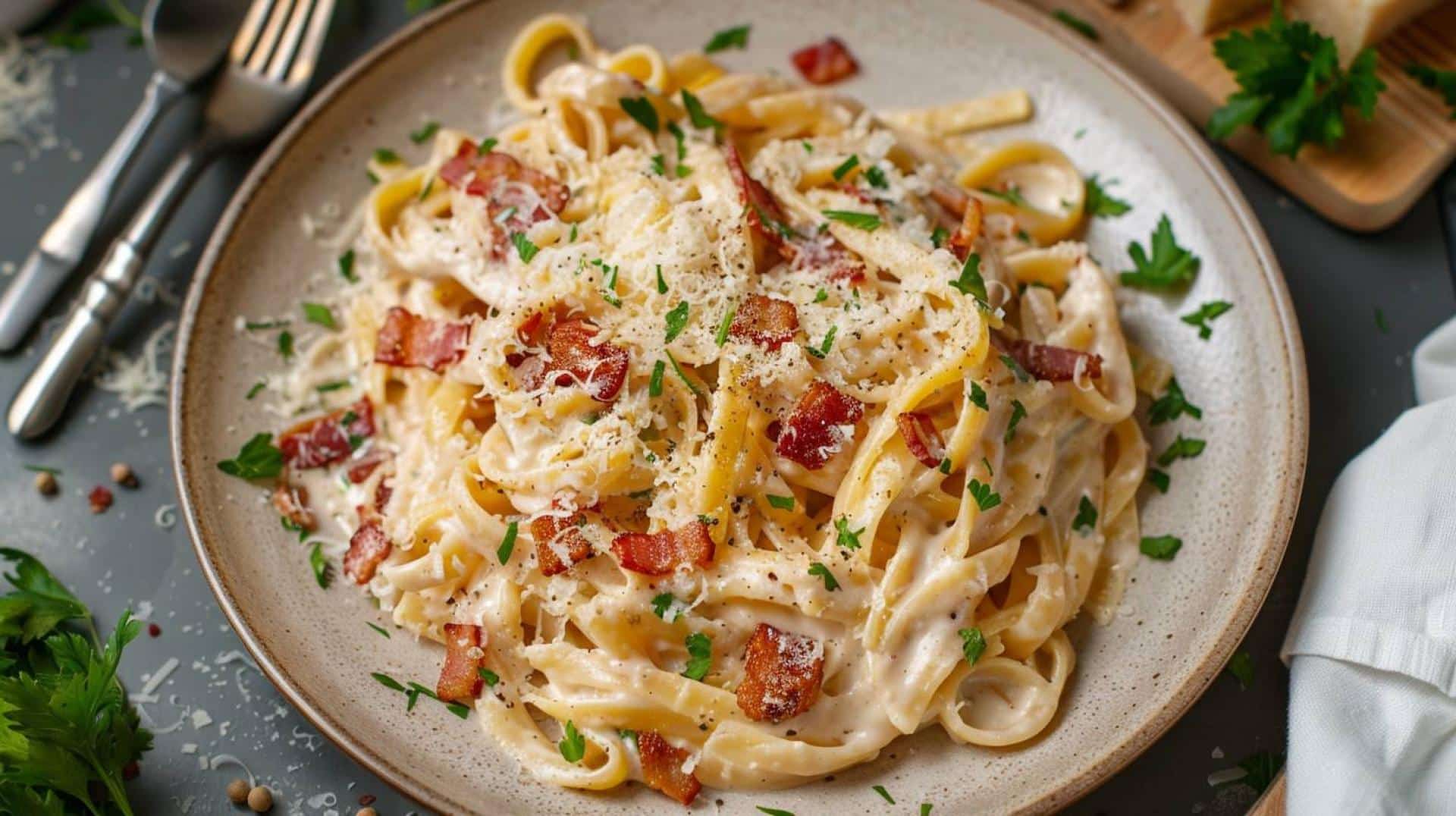 Easy recipe for pasta carbonara with bacon, eggs, and parmesan
