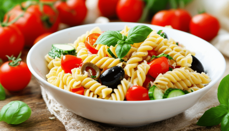 discover a quick and easy recipe for a delicious pasta salad featuring olives, cherry tomatoes, cucumbers, and flavorful italian dressing. perfect for a refreshing side dish or a light meal!