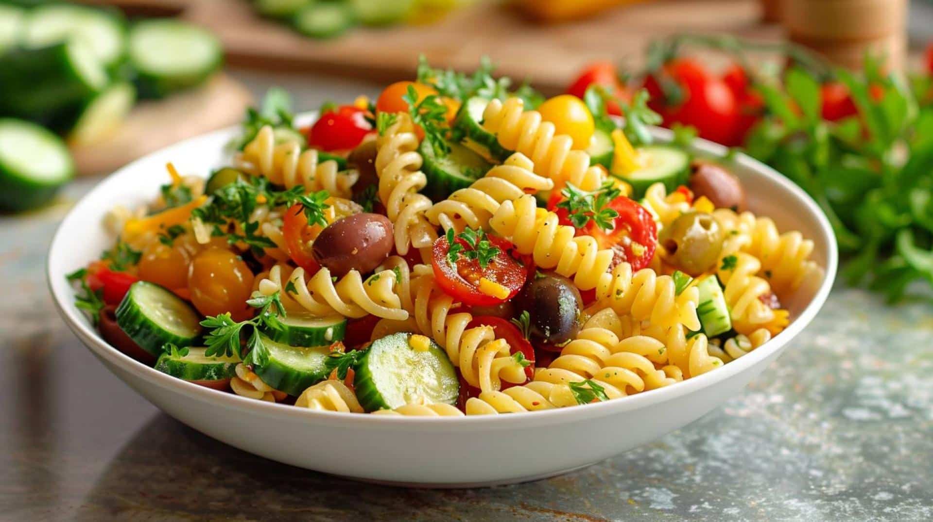 Easy recipe for pasta salad with olives, cherry tomatoes, cucumbers, and Italian dressing