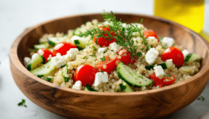 discover a simple and delicious quinoa salad recipe featuring fresh cucumbers, juicy tomatoes, creamy feta cheese, and a zesty lemon vinaigrette. perfect for a healthy lunch or a refreshing side dish!
