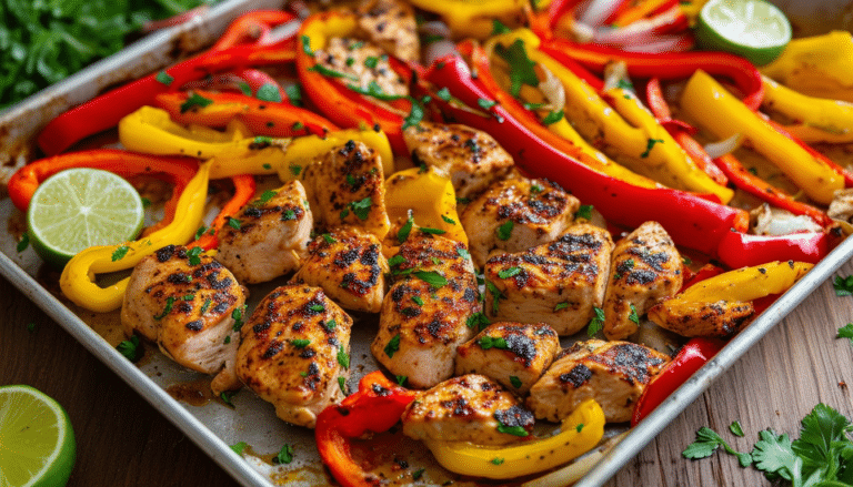 discover a quick and easy recipe for sheet pan fajitas featuring succulent chicken, vibrant bell peppers, and onions, all baked to perfection for a delicious and hassle-free meal. perfect for busy weeknights!