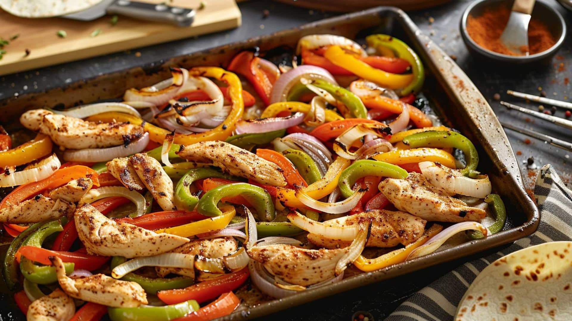 Easy recipe for sheet pan fajitas: chicken, bell peppers, and onions baked to perfection
