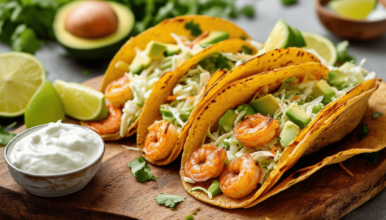 discover an easy and delicious recipe for shrimp tacos topped with fresh slaw, creamy avocado, and zesty lime crema. perfect for a quick weeknight dinner or a fun weekend gathering!