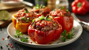 Easy recipe for stuffed bell peppers with ground beef, rice, and tomato sauce