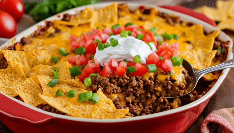 discover a simple and delicious taco casserole recipe featuring layers of savory ground beef, melted cheese, and crunchy tortilla chips. perfect for a quick weeknight dinner or a fun gathering with friends!