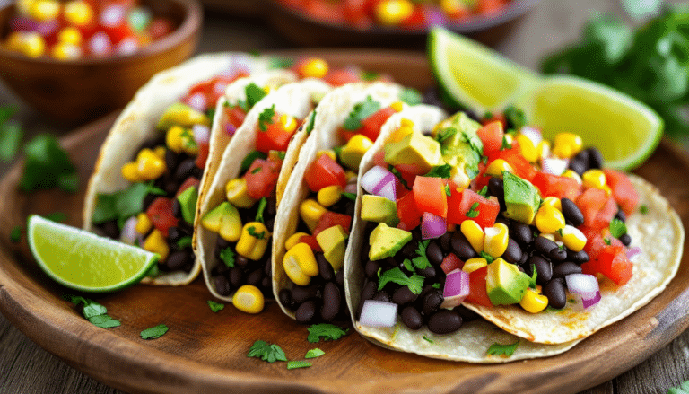 discover a simple and delicious recipe for vegetarian tacos featuring black beans, sweet corn, creamy avocado, and zesty salsa. perfect for a quick weeknight dinner or a casual gathering, these tacos are packed with flavor and healthy ingredients.