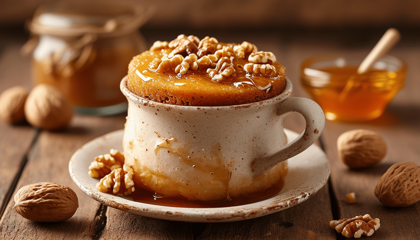 indulge in the rich flavors of the mediterranean with our fast baklava inspired mug cake. this quick and easy dessert combines flaky layers, honey, and nuts for a delightful treat ready in minutes. perfect for satisfying your sweet tooth on the go!