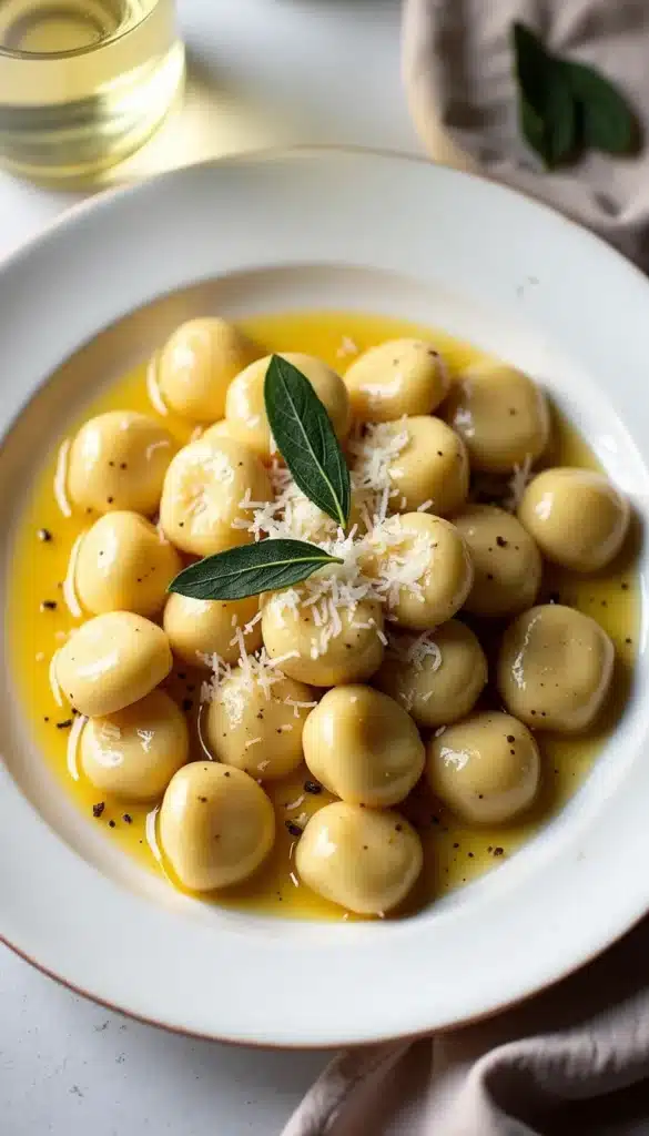 Plate of gnocchi with butter sauce and sage