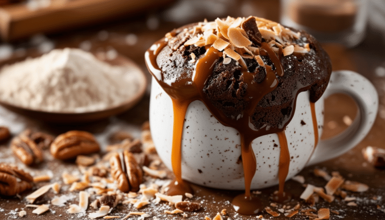 indulge in the rich, chocolatey delight of our gooey german chocolate mug cake! this quick and easy recipe delivers a decadent dessert in just minutes, featuring layers of luscious chocolate and a creamy coconut-pecan topping. perfect for satisfying your sweet cravings on the go!