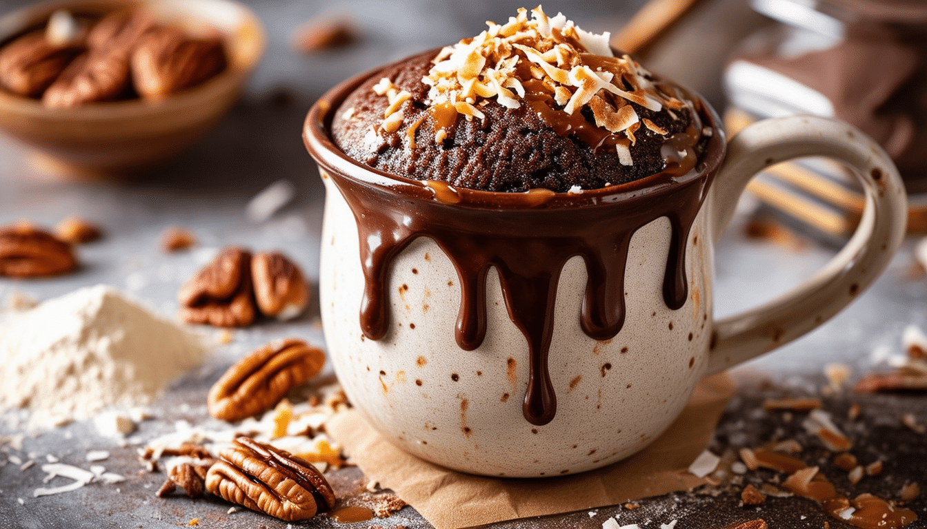 indulge in the rich and irresistible flavors of a gooey german chocolate mug cake. this quick and easy dessert combines layers of chocolate, coconut, and pecans, all made in just minutes. perfect for satisfying your sweet tooth anytime!