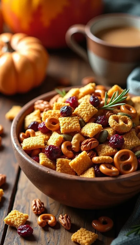 Bowl of autumn trail mix with coffee