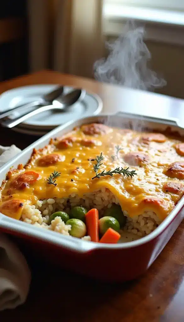 Cheesy rice casserole with vegetables on wooden table.