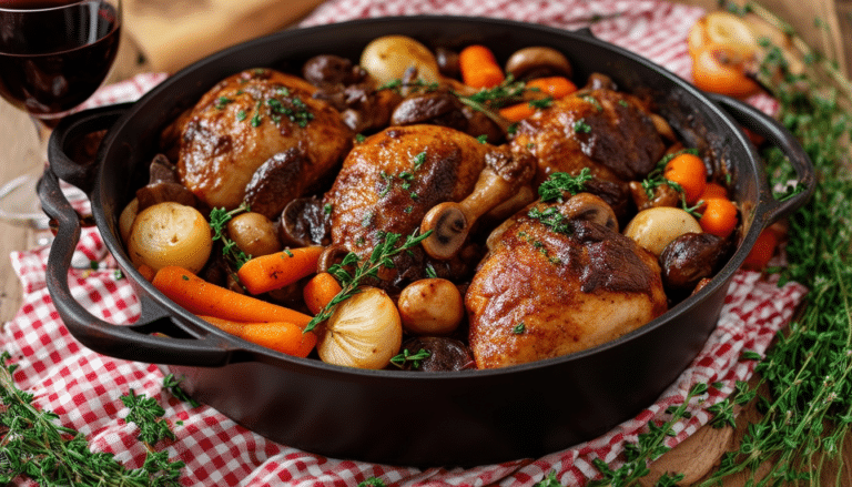 discover the rich, savory flavors of our homemade coq au vin recipe. this classic french dish combines tender chicken, aromatic herbs, and red wine for an unforgettable dining experience. perfect for family gatherings or special occasions, dive into the authenticity of this culinary masterpiece!