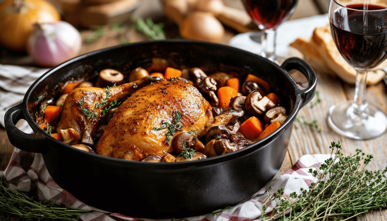 discover the rich and authentic flavors of homemade coq au vin with this easy-to-follow recipe. perfect for impressing guests or enjoying a comforting meal, this classic french dish features tender chicken braised in red wine, aromatic herbs, and hearty vegetables.