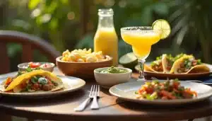 Mexican meal with tacos and margarita