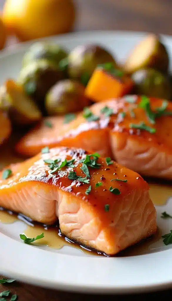 Glazed salmon with vegetables on white plate