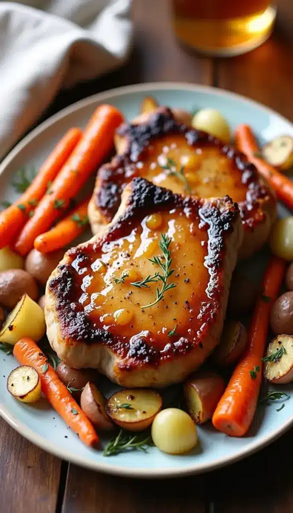 Glazed pork chops with roasted carrots and potatoes