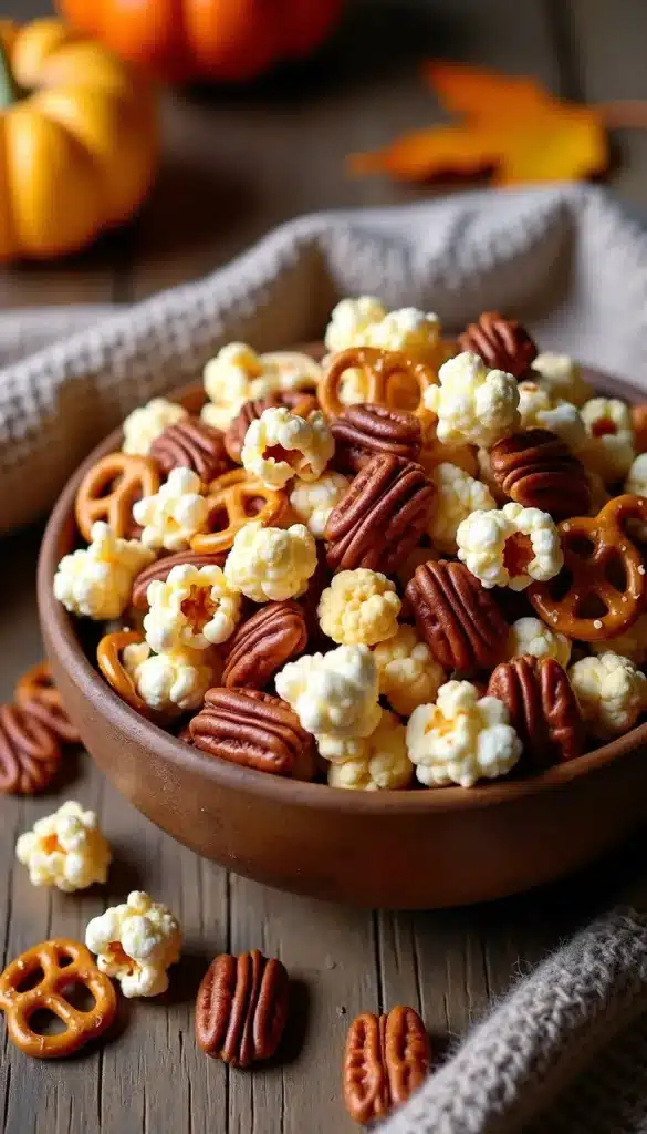 Bowl of fall snack mix with pecans, pretzels, popcorn.