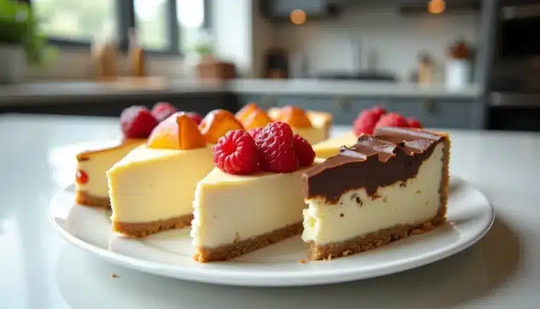 Assorted cheesecake slices with berries on plate.