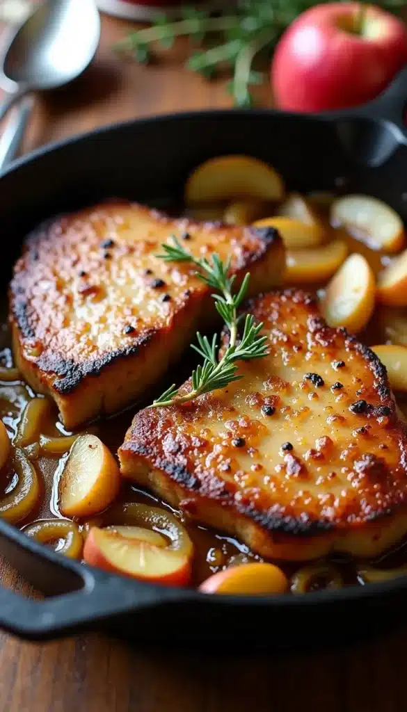 Pan-seared pork chops with apples and rosemary