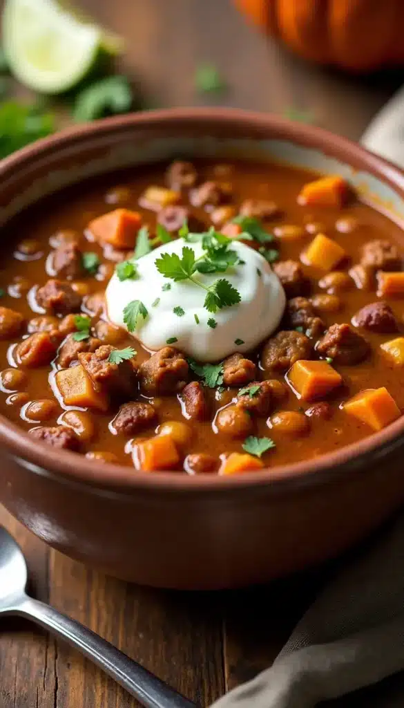 Hearty chili with sour cream and cilantro