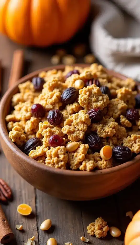 Fall granola in wooden bowl with pumpkin