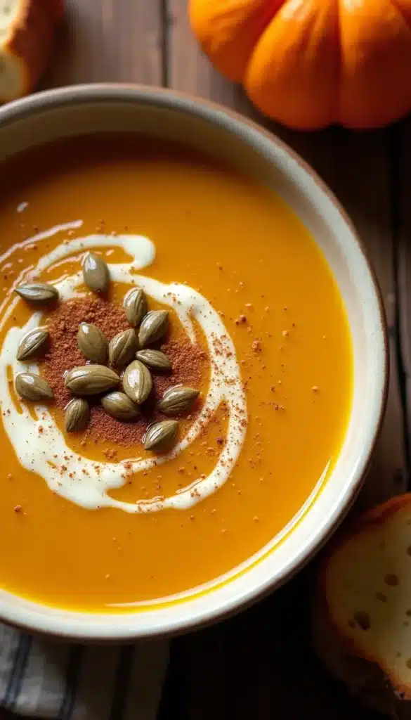 Pumpkin soup garnished with seeds and cream