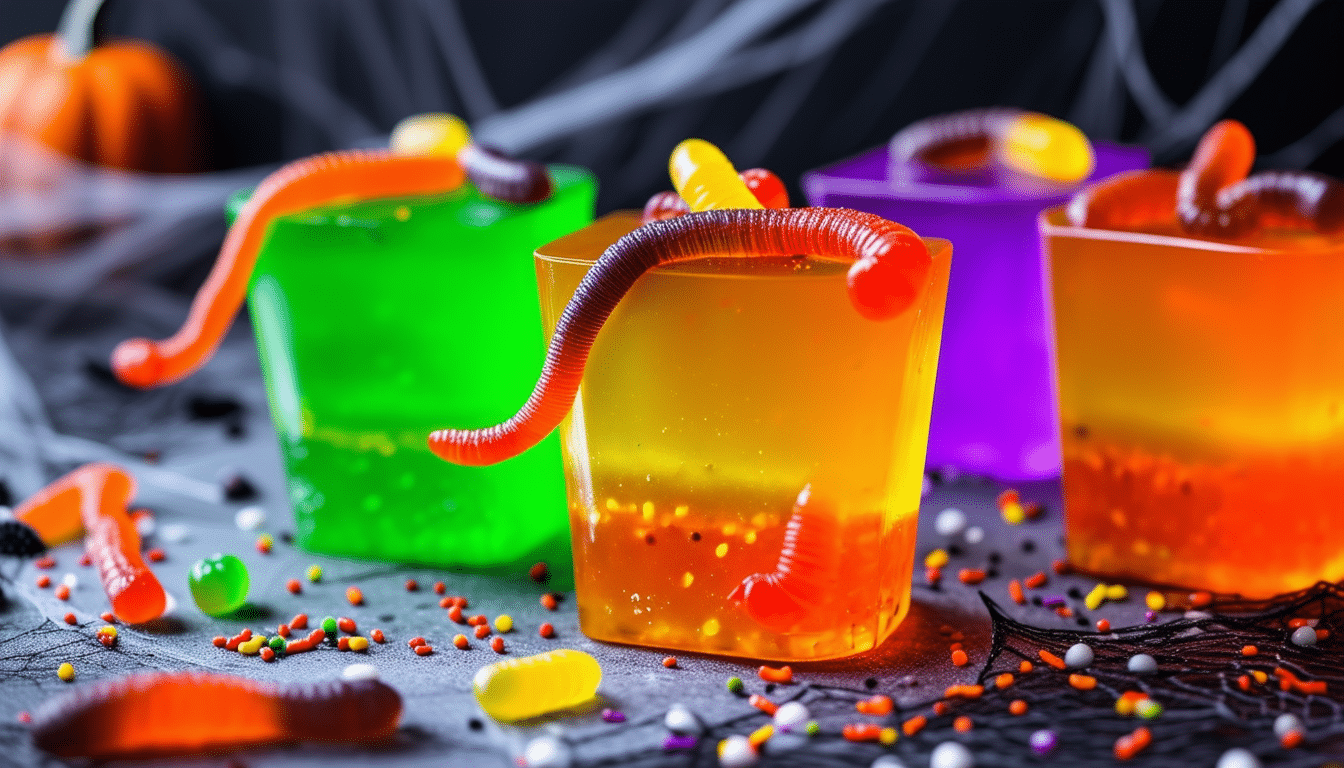 delight in the spooky fun of our creepy crawly jello cups! these vibrant and playful treats are perfect for halloween parties, featuring wiggly gummy worms nestled in delicious, colorful jello. easy to make and sure to impress your guests, these cups are a whimsical addition to any festive celebration!