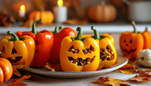 discover a fun and festive recipe for jack-o’-lantern stuffed peppers! these bell peppers are creatively stuffed and decorated to resemble classic halloween jack-o’-lanterns, making them a delightful treat for your spooky gatherings. perfect for kids and adults alike, this dish combines flavor and festivity in every bite!