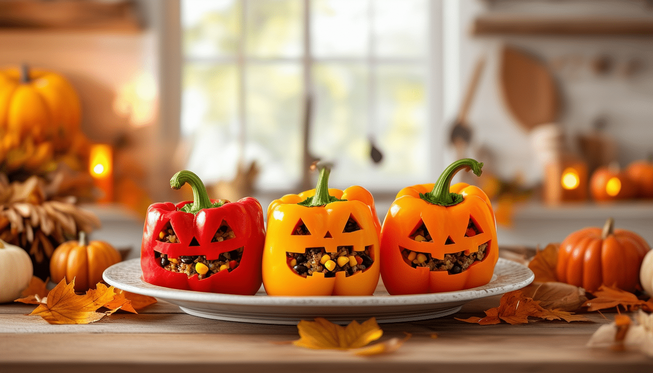 delight in the festive spirit with our jack-o’-lantern stuffed peppers recipe! these vibrant bell peppers are creatively stuffed and skillfully decorated to resemble adorable jack-o’-lanterns, making them a perfect halloween treat. easy to make and sure to impress, this fun dish is great for parties and family gatherings.