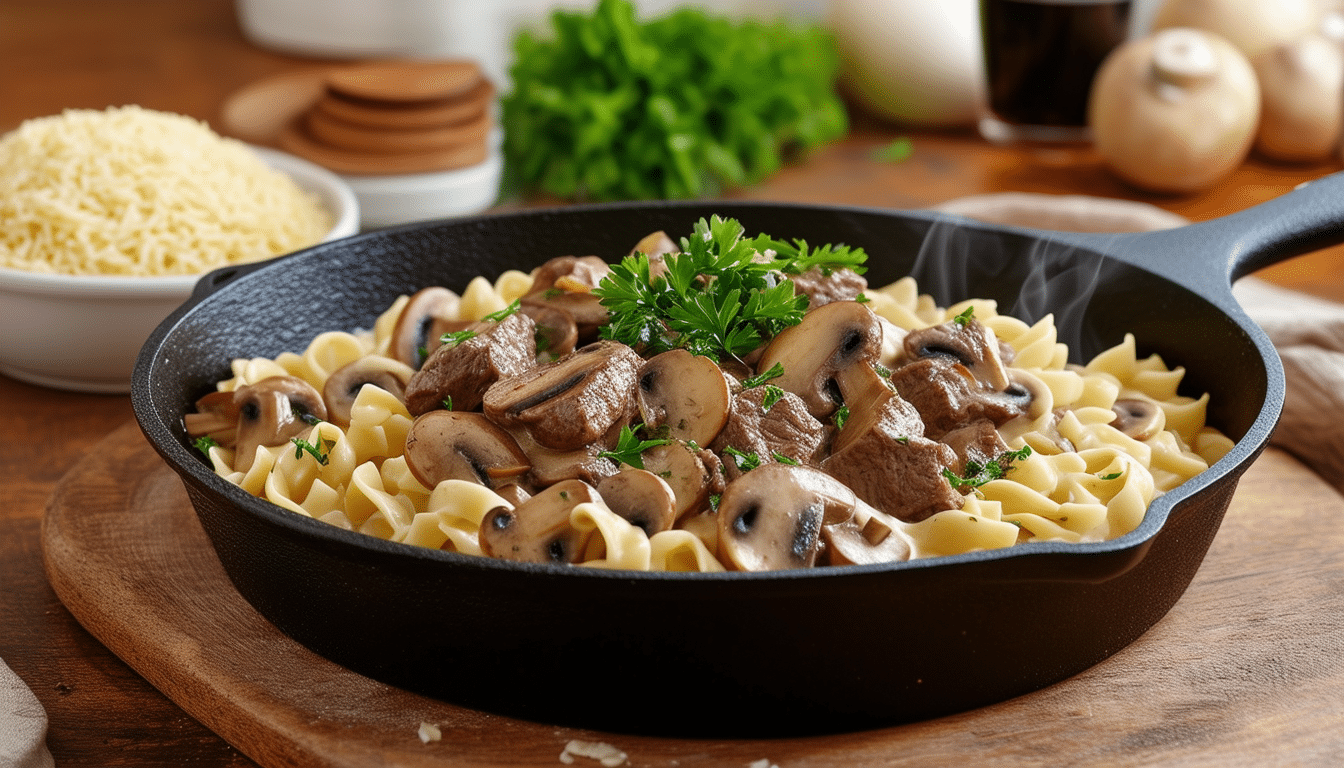 discover a tantalizing one-pot recipe for beef and mushroom stroganoff, featuring succulent beef and earthy mushrooms in a rich, creamy sauce. perfect for a comforting dinner, this dish is easy to make and sure to delight!