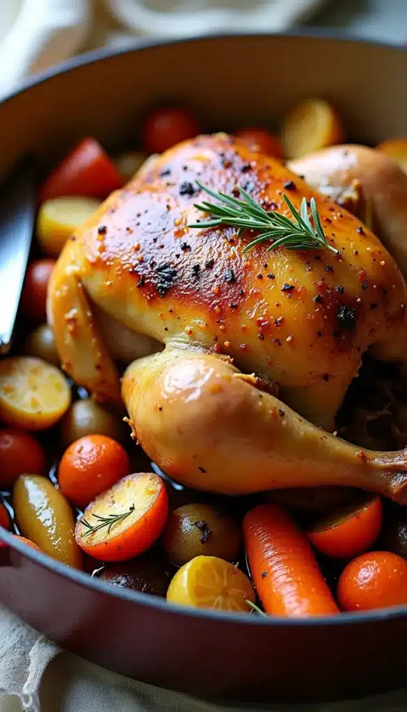 Roasted chicken with vegetables in a pan