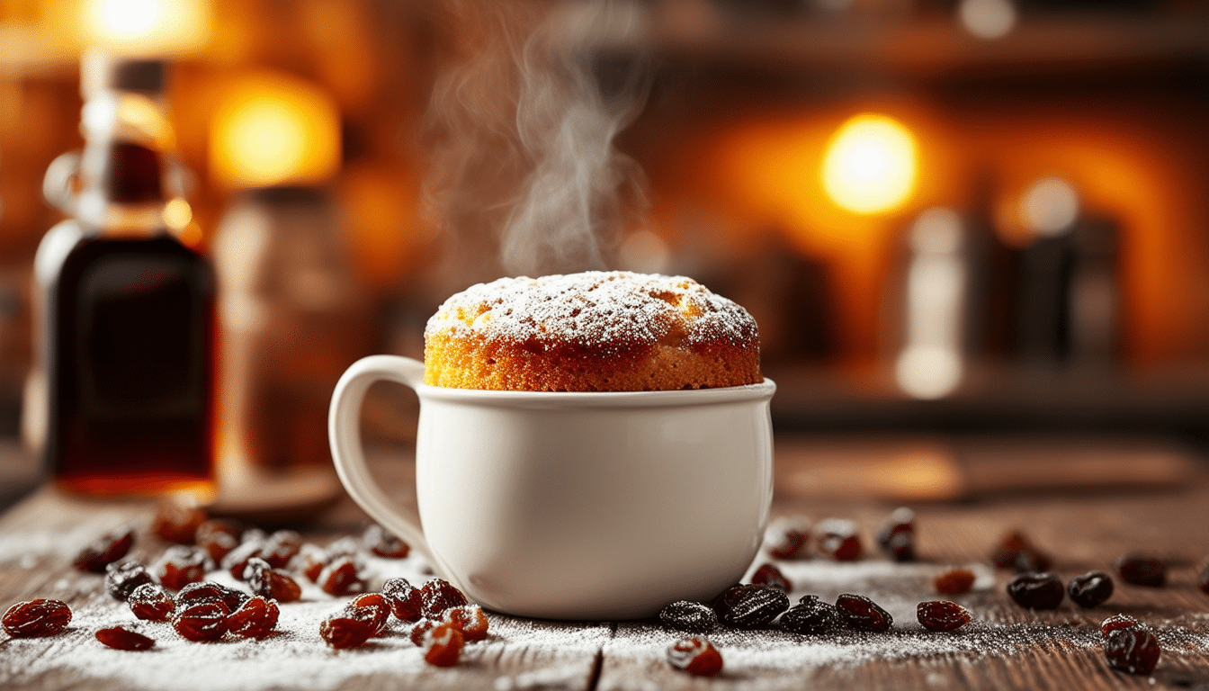 indulge in a delightful rum and raisin mug cake that's quick and easy to make! perfect for a cozy dessert, this moist and flavorful cake combines the rich taste of rum with sweet, plump raisins, all made in just minutes in your microwave. enjoy a delicious treat anytime!