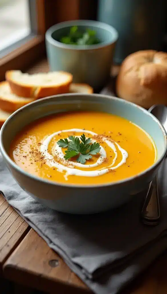 Bowl of pumpkin soup with garnish.