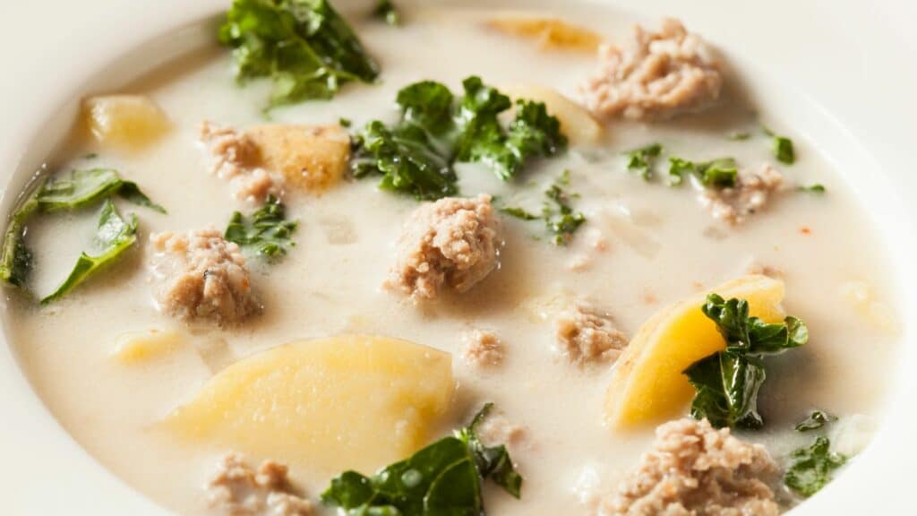 Creamy potato soup with kale and sausage.