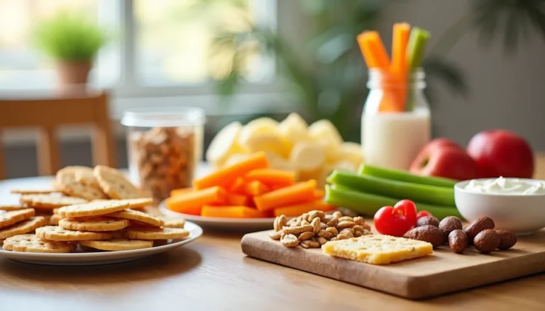 Healthy snacks on a table, assorted fruits and vegetables.