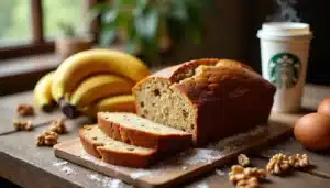 Banana walnut bread slices with Starbucks coffee.